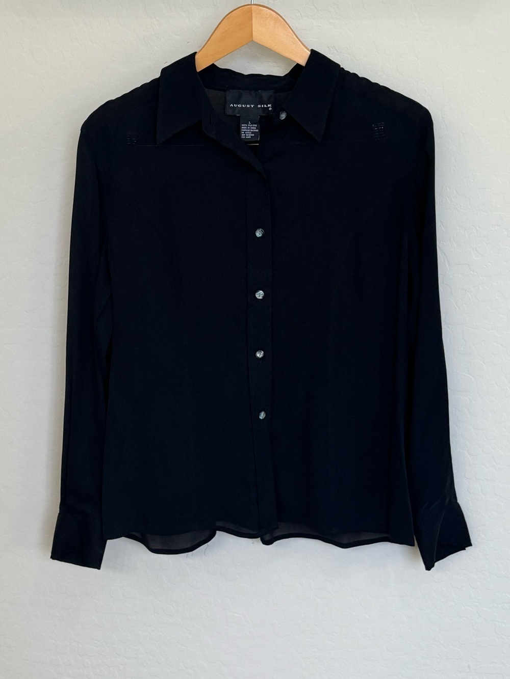 August Silk 100% Pure Silk Black Button-Up Long Sleeve Blouse Large